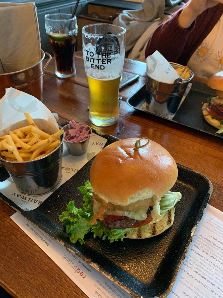 A burger, chips and beer