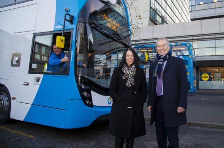 Jo Youleand Martin Griffiths launch the campaign in Manchester Piccadilly Bus Station