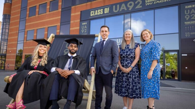 Two graduates from UA92 with co-founder Gary Neville, Marnie Millard (chair), Sara Prowse (CEO)