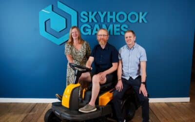 Carol Bollard FW Capital with David Harper (middle) and Graham Chellew from Skyhook Games.