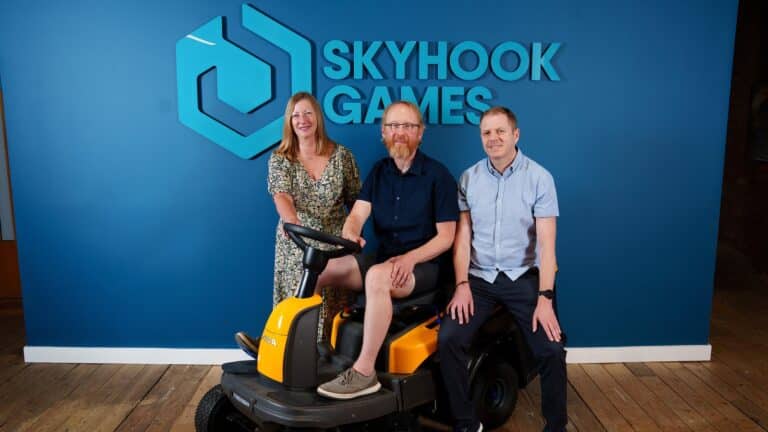 Carol Bollard FW Capital with David Harper (middle) and Graham Chellew from Skyhook Games.